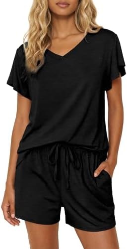 Ekouaer Pajamas Set Women Casual Ruffle Sleeves Soft Comfy Loungewear Set with Pockets,Small,Black