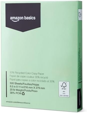 Amazon Basics 30% Recycled Color Copy Paper, 8.5" x 11", 20lb, Pastel Green, 500 Sheets