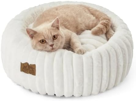 COZY KISS Donut Small Cat Bed for Indoor Cat, Kitten Bed Calming 20in Cream