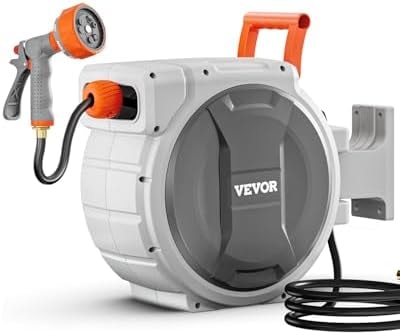 VEVOR Retractable Garden Hose Reel, 1/2 Inch x 84 ft Wall Mounted Heavy Duty Garden Hose Reel with 9 Patterns Nozzle, Any Length Lock, Upgraded Slow Return System and 180°Swivel Bracket
