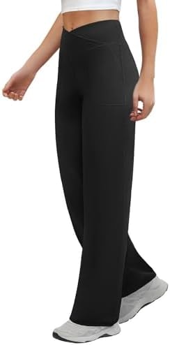 COPYLEAF Wide Leg Yoga Pants Women Crossover Waist Lounge Pants 2 Pockets(Black S)