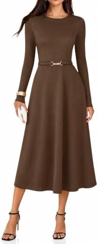 Lazysmile Women's Long Sleeve Midi Dress A Line Wedding Guest Dress Brown