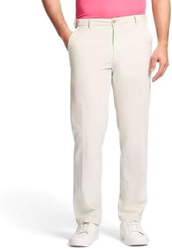 Izod Men's Saltwater Stretch Flat Front Straight Fit Chino Pant, Silver Birch Off White, 36W x 32L