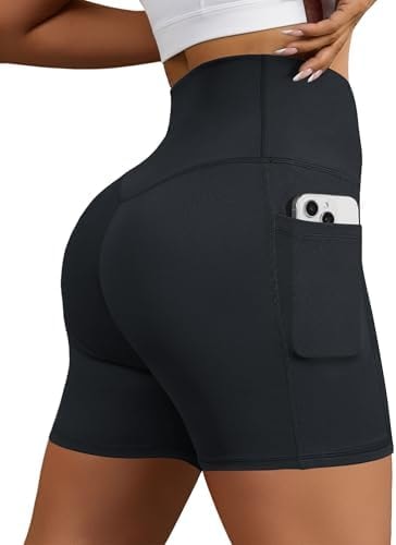 DLOODA Biker Shorts for Women, High Waisted Yoga Workout Tummy Control Spandex Compression Gym Running Shorts with Pockets Dark Grey