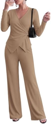 PRETTYGARDEN Women Fall 2 Piece LoungeWear Pant Sets,Khaki,Large