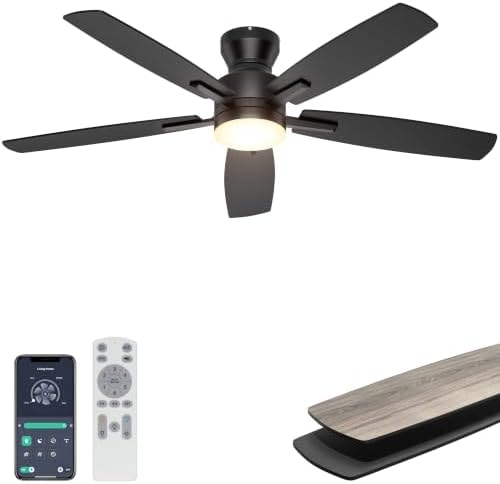 Ohniyou Ceiling Fans with Lights, 52'' Low Profile Ceiling Fan with Light and Remote/APP Control, Modern Flush Mount Ceiling Fan for Indoor Bedroom Living Room, Dimmable, Quiet DC Motor, Black