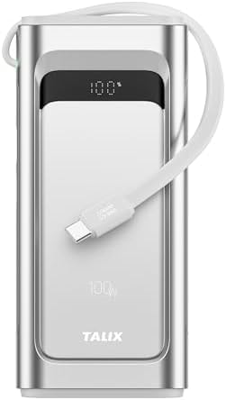 TALIX Portable Charger 100W, 10000mAh Power Bank with Built-in USB-C Cable, 3-in-1 Fast Charging Battery Pack for MacBook, iPhone 17/16/15 Series, Samsung Galaxy, iPad, Steam Deck, Travel Essentials