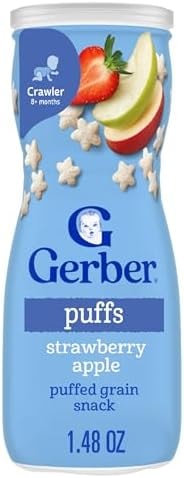 Gerber Stage 3 Baby Snacks, Strawberry Apple Puffs, Puffed Grain Snack, Baby Led Feeding, Iron & Choline, Strawberry Apple Puffs Snacks, 6-Pack