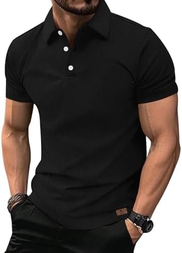 V VALANCH Mens Texture Polo Shirts Short Sleeve Lightweight Cool Dry Business Casual Golf Polo Collared Shirt Black L