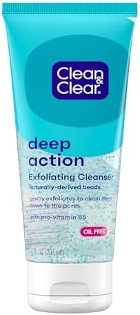 Clean & Clear Deep Action Exfoliating Facial Cleanser, Scrub & Face Wash, Pro-Vitamin B5, Lactic & Glycolic Acids, Oil-Free Gentle Daily Exfoliator for Soft, Smooth, Hydrated Skin, Vegan, 7 Fl Oz Tube