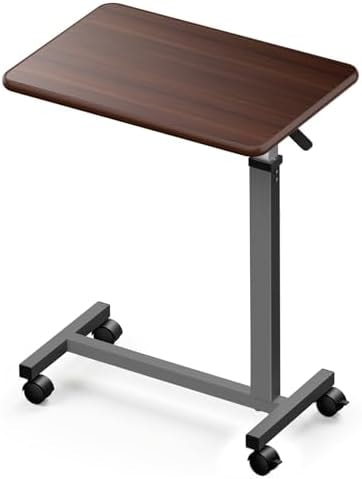 WOTURE Pneumatic Adjustable Overbed Bedside Table with Wheels - Hospital & Home Use, Medical Bed Table, Mobile Standing Desk, Rolling Laptop Cart, Non Tilt Surface(23.6" L x 15.7" W, Walnut)