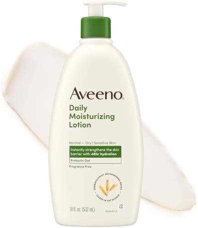 Aveeno Daily Moisturizing Body Lotion for Normal to Dry Skin, Moisturizer with Soothing Prebiotic Oat, Non Greasy, Non Comedogenic, Fragrance Free Body Lotion for Women & Men, 18 Fl Oz