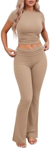 Ekouaer Women 2 Piece Pajama Set Short Sleeve Crop Top Foldover Flare Pant