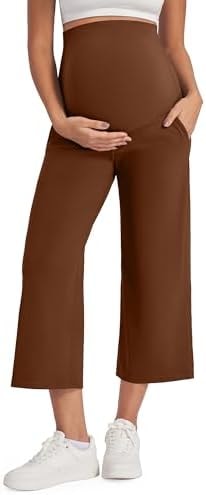 G4Free Maternity Capri Pants Cropped Palazzo with Pockets Pregnancy Workout Loose Bottoms Over The Belly Summer Yoga Slacks (Dark Coffee,M,Regular)