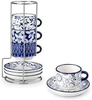 vancasso 2.5OZ Espresso Cups Set of 4, Porcelain Stackable Cappuccino Cups, Demitasse Coffee Cups and Saucers Set with Metal Stand for Specialty Drinks, Series SELENE (Vintage Blue, 2.5 Ounce)