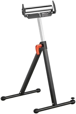 VEVOR Roller Stand, 250 lb Load Capacity, 27 in-43 in Adjustable Height, Folding Heavy Duty with Edge Guides & 11.5 in Polished Steel Roller Head, for Table Saw Outfeed Woodworking Extension Support