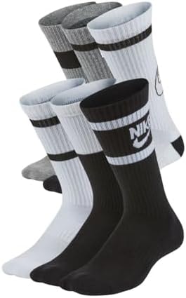 Nike Unisex Kids Everyday Cushioned Crew Socks (6 Pairs), White/Black/Grey, Medium