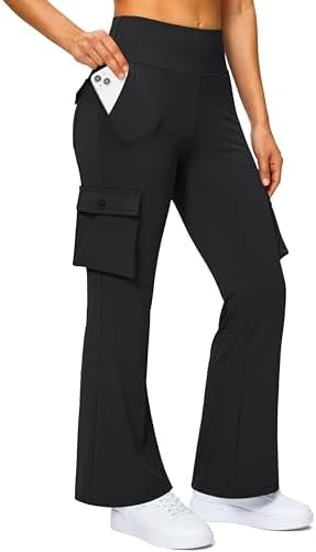 Women's 6 Pockets High Waist Yoga Pants Cargo Flare Pant, Black, M