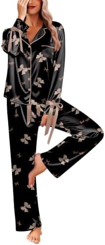 Ekouaer Bow Tie Silky Cute Pjs Sets for Women,Fancy Christmas Pajamas Set