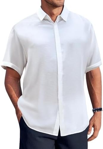 Rioofinx Mens Button Down Shirt Short Sleeve Linen Tops Node-Mark White L