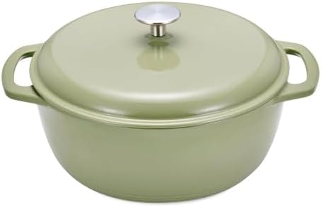 Amazon Basics Enameled Cast Iron Dutch Oven Pot With Lid, 4.3-Quart, Round, Dual Handles, Heavy-Duty, Oven Safe for Stews, Roasting & Baking, Olive