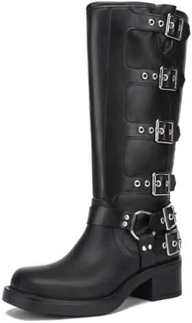 Athlefit Women's Knee High Riding Boots Buckle Biker Boots Black 8