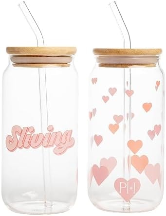 Paris Hilton Glass Tumblers Set with Iconic Decals, Includes Bamboo Lids, Reusable Glass Straws and Cleaning Brushes, Perfect for Iced Coffee, Water, and Cocktails, 2-Piece Set, 17-Ounce