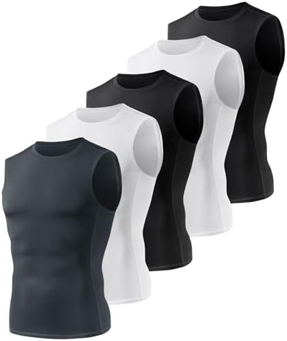 BOOJO 5 Pack Compression Shirt Men - Sleeveless Tank Top Workout Athletic Gym Quick Dry Base Layer Udershirts for Running