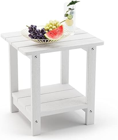 LUE BONA Outdoor Side Table, 2-Tier HDPS Small Patio Table, White