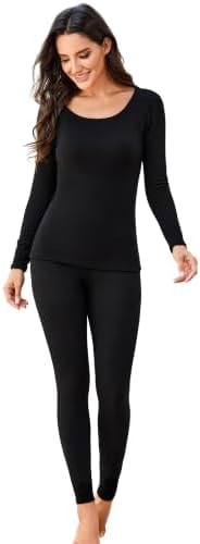 Women Fleece Lined Thermal Underwear Set Long Johns Base Layer (Black, M)