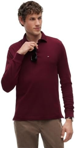 Tommy Hilfiger Men's Long Sleeve Polo Shirts in Regular Fit with Stretch and Organic Pique Cotton, Also Available in Big & Tall, Burgundy X-Large