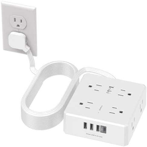 20 Ft Flat Extension Cord, Tcstei Ultra-Thin Flat Plug Surge Protector Power Strip, 3-Sided Outlet Extender, 8 AC Outlets and 4 USB Ports(1 USB C) for Home, Office, Dorm Room Essentials, White