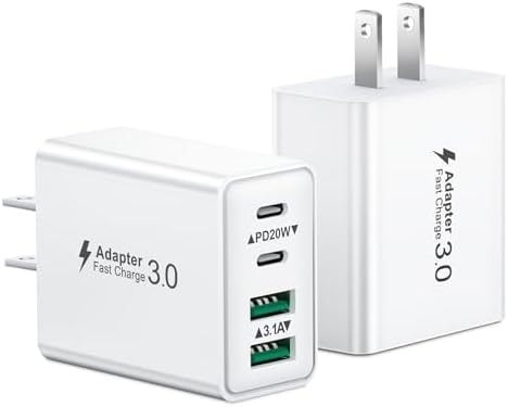 USB C Charger Block, 2Pack 40W 4-Port Type C Fast Charging Block Dual PD Power Adapter+QC Plug Double Wall Charger Blocks Multiple USBC Charging Cube for iPhone 17 16 15 14 13 12 11 Pro Max, Samsung