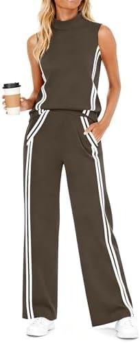 Casly Lamiit 2 Piece Outfits for Women Lounge Sets Casual Airport Clothes Tracksuit Mock Neck Tanks Striped Pants Travel Set Womens Clothing Coffee S