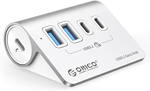 ORICO 4-Port USB 3.2 Gen2 Hub, Desktop USB 3.2 Hub with 2 USB-A, 2 USB-C, 5V 3A Power Supply Port, 10Gbps Aluminium USB-Splitter with 1.64Ft USB-C to USB-A/C Cable for iMac, MacBooks, Mac mini