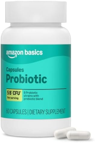 Amazon Basics Probiotic 5 Billion CFU, 8 Probiotic strains with 60 mg Prebiotic Blend, 60 Count Vegetarian Capsules, 2 Month Supply, Supports Healthy Digestion, Packaging May Vary