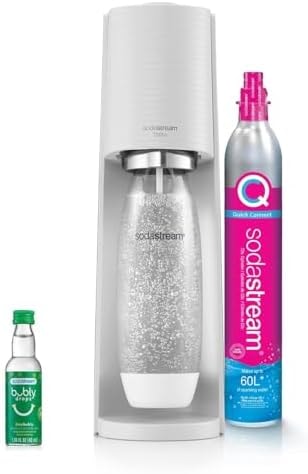 SodaStream TERRA Sparkling Water Maker, Starter Kit, CQC CO2 System, Includes 1 Quick Connect 60L CO2 Cylinder, 1 Dishwasher Safe BPA Free Bottle, 1 bubly Lime Drop, Make your own Pepsi, White