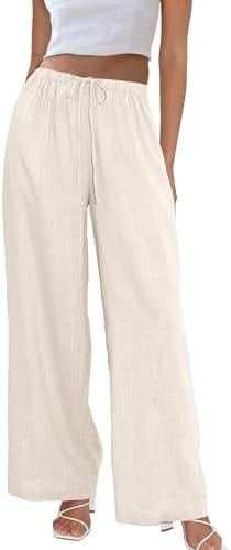 Duyang Womens Cotton Linen Palazzo Pants Drawstring Elastic Waist Casual Wide Leg Trousers with Pockets(Apricot,S)