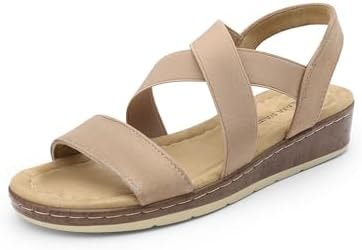 DREAM PAIRS Women's Dressy Slip on Elastic Ankle Strap Summer Wedge Heels Low Wedge Cork Beach Sandals for Women Casual Vacation,Size 9,Nude,DWUMFS2505