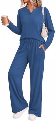 Ekouaer Womens 2 Piece Matching Lounge Sets Waffle Knit Sweatsuits Outfits