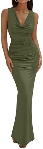 BTFBM Cocktail Dresses for Women Spring 2026 Cowl Neck Sleeveless Ruched Slim Fit Maxi Summer Formal Wedding Guest Dress(Army Green, Small)
