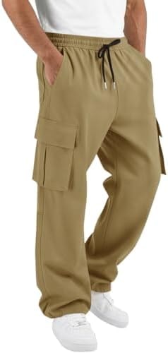 Runcati Mens Cargo Pants Hiking Athletic Joggers Sweatpants Elastic Waist Drawstring Casual Trousers with Multi Pockets