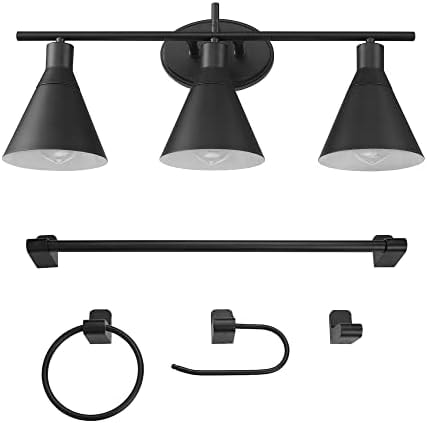 Globe Electric 52060 Tristan 5-Piece All-In-One Bathroom Set, Matte Black, 3-Light Vanity Light, Towel Bar, Toilet Paper Holder, Towel Ring, Robe Hook