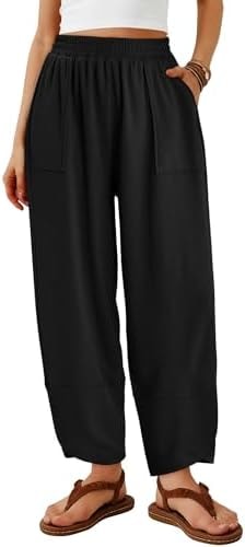 Angerella Womens Baggy Wide Leg Pants Casual Elastic Waisted Palazzo Harem Pants with Pockets Black L