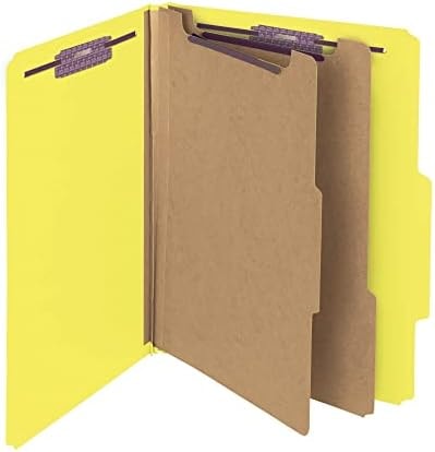 Smead Pressboard Classification File Folder with SafeSHIELD Fasteners, 2 Dividers, 2" Expansion, Letter Size, Yellow, 10 per Box (14034)