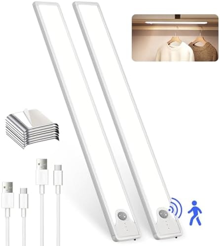 16 Inch Under Cabinet Lights, 83 LED Rechargeable Magnetic Motion Sensor Light Indoor, Brightness Dimmable 6500K Stepless Dimming Closet Light, for Under Counter, Kitchen, Stairs, Closet, 2 Packs