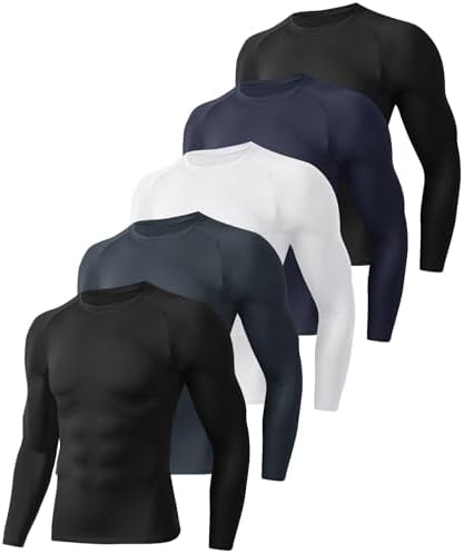 5 Pack Long Sleeve Compression Shirts for Men - Black Quick Dry Workout Base Layer Undershirt Top for Athletic Gym Running