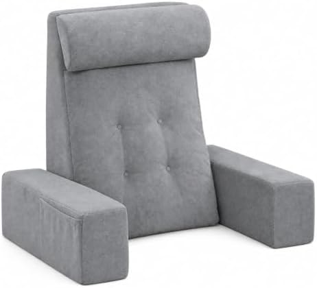 TANYOO Reading Pillow for Sitting Up in Bed Backrest Pillow with Armrests, Headrest and Side Pockets Dual Layer Back Support for Bed and Sofa Ideal for Adults Watching TV, Gaming, Recovery Dark Grey