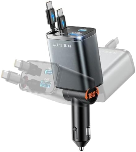 LISEN Upgraded Dual Type-C Cables Retractable Car Charger USB C Fast Charge