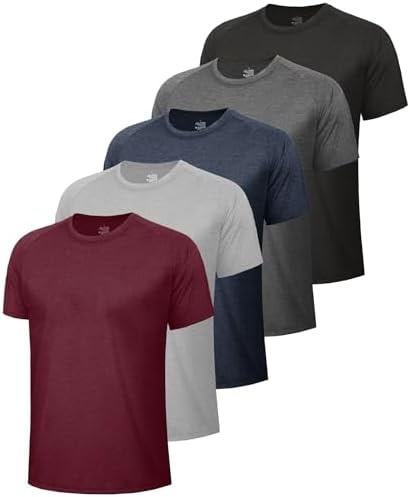 BOOJO 5 Pack Workout Shirts for Men-Quick Dry Black Gym Moisture Wicking Short Sleeve T-Shirts for Running Athletic Casual